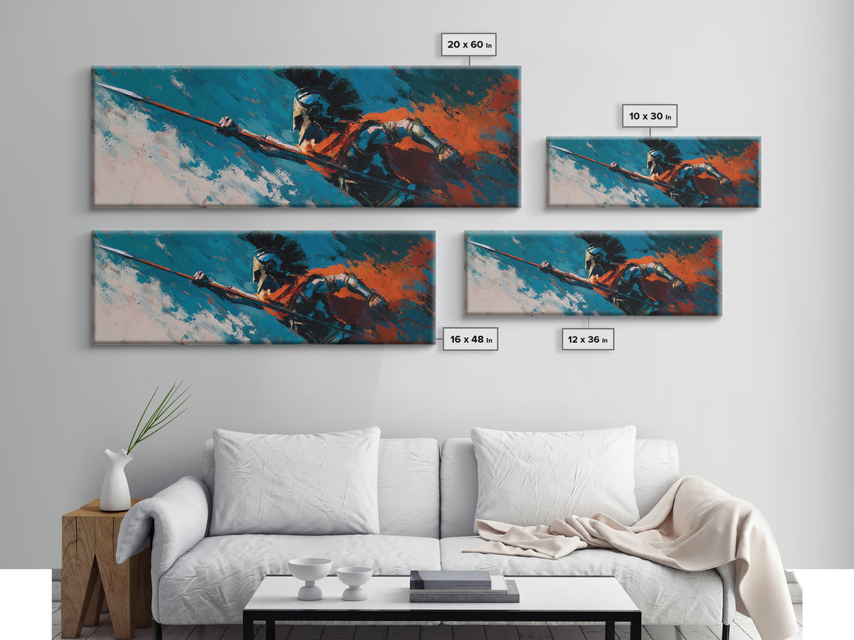 Spartan Spearman In Teal And Orange Canvas Print, Greek Warrior Wall Art, Bold Abstract Decor, Masculine Office Art Gift For Him