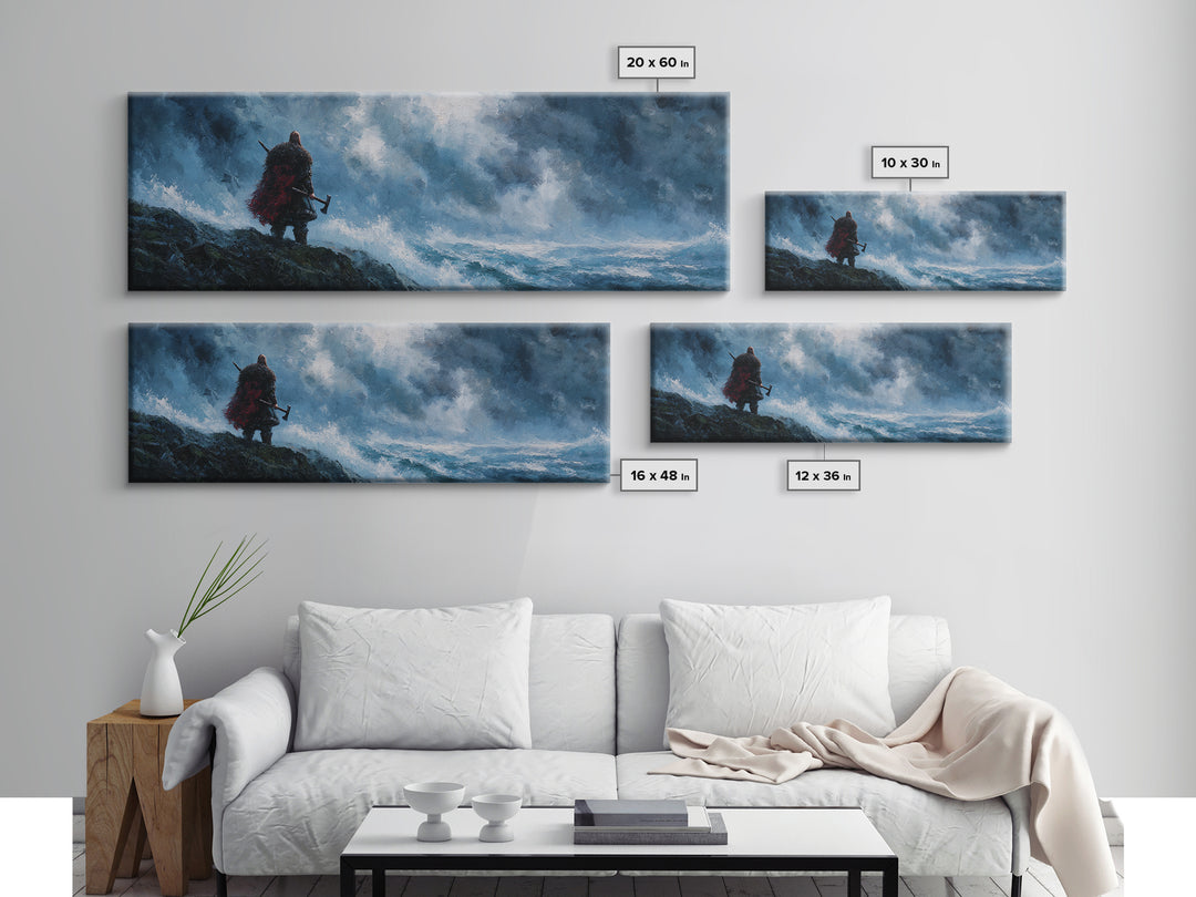 Lone Viking On Stormy Shore Framed Canvas Print, Norse Seascape Wall Art, Moody Coastal Decor, Fantasy Gift For Him, Dramatic Ocean Poster
