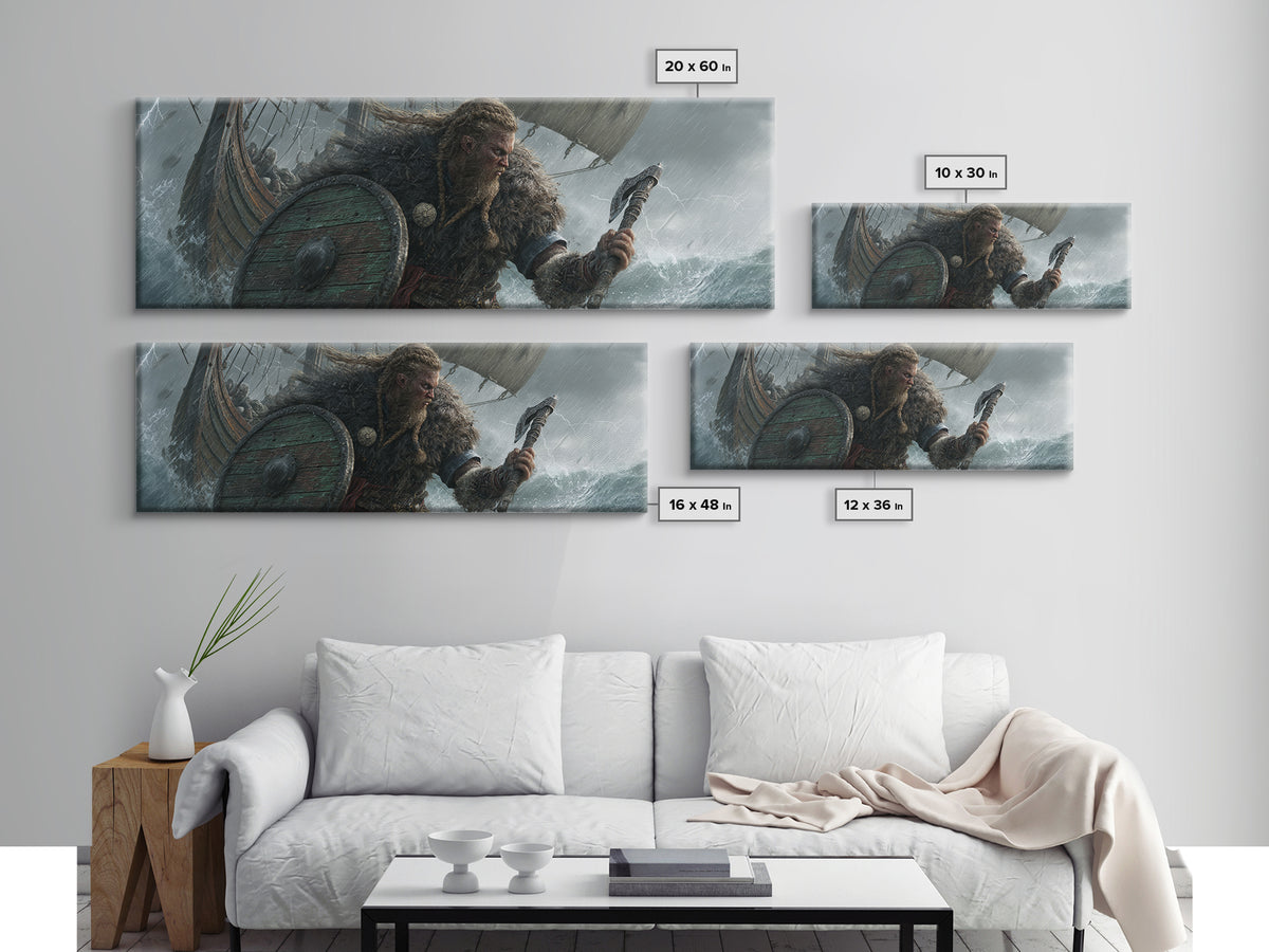 Stormy Viking Warrior At Sea Wall Art, Norse Ship Canvas, Dark Fantasy Decor, Warrior Gift, Nautical Living Room Art, Rustic Home Decor