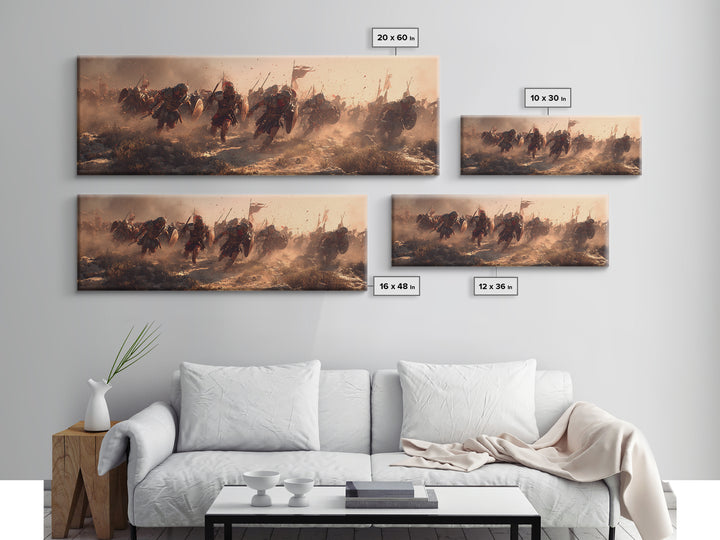 Dusty Warrior Cavalry Charge Wall Art, Epic Battle Framed Canvas Print, Historical War Decor, Large Masculine Gift For Him