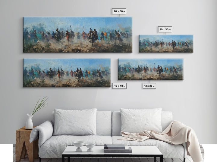 Abstract Cavalry Riders In Blue Haze Wall Art, Horseback Battle Oil Painting Print, Western Living Room Decor Gift For Him