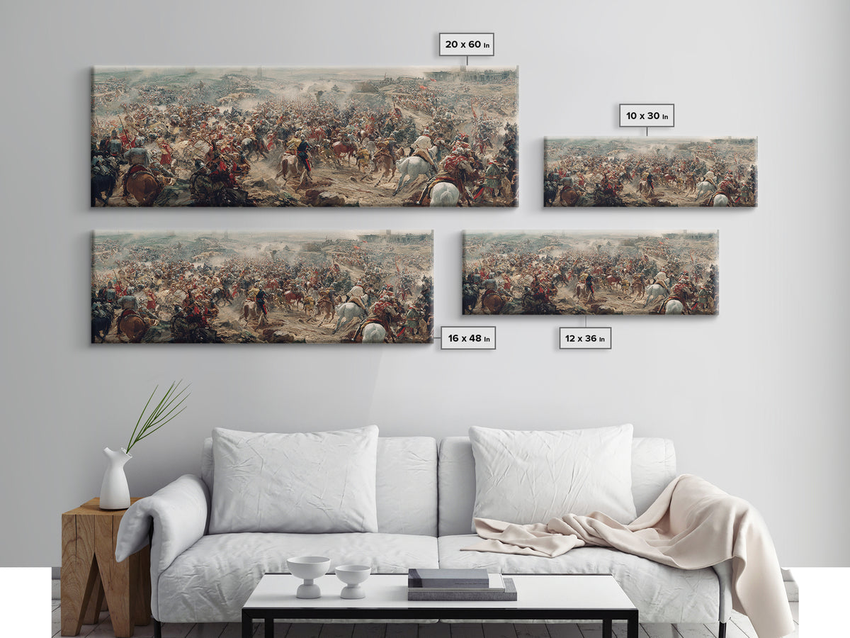 Epic Cavalry Charge Across Vast Battlefield Wall Art, Panoramic Historical Battle Canvas, Classical Living Room Decor Gift