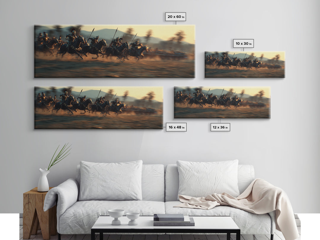 Armored Cavalry Charge At Sunset Wall Art, Epic Horse Battle Canvas Print, Western Warrior Decor, Gift For Him, Masculine Office Decor