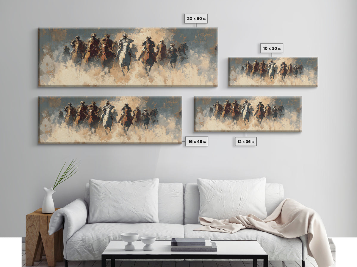 Charging Horsemen In Dusty Plains Wall Art, Abstract Cavalry Battle Painting, Western Decor, Large Horizontal Canvas Print