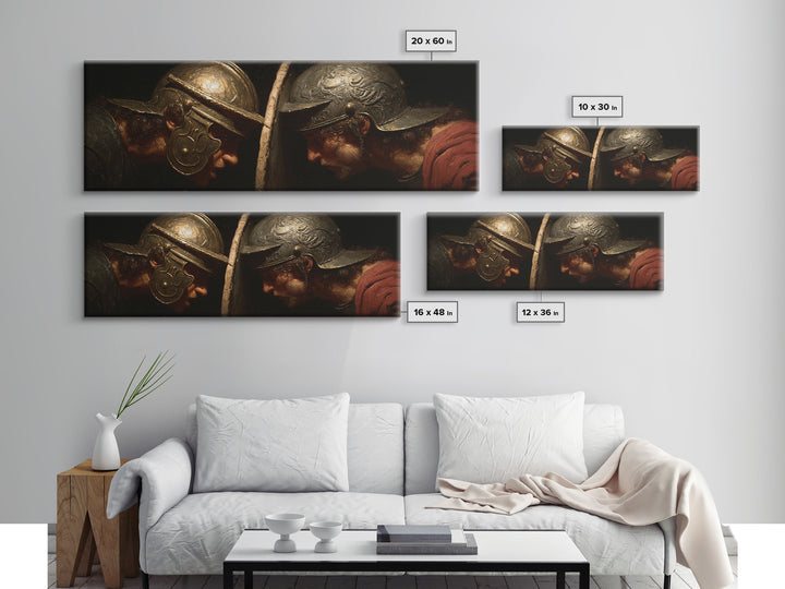 Gladiator Helmet Duel Framed Canvas Print, Ancient Roman Wall Art, Historical Battle Decor, Masculine Office Gift For Him