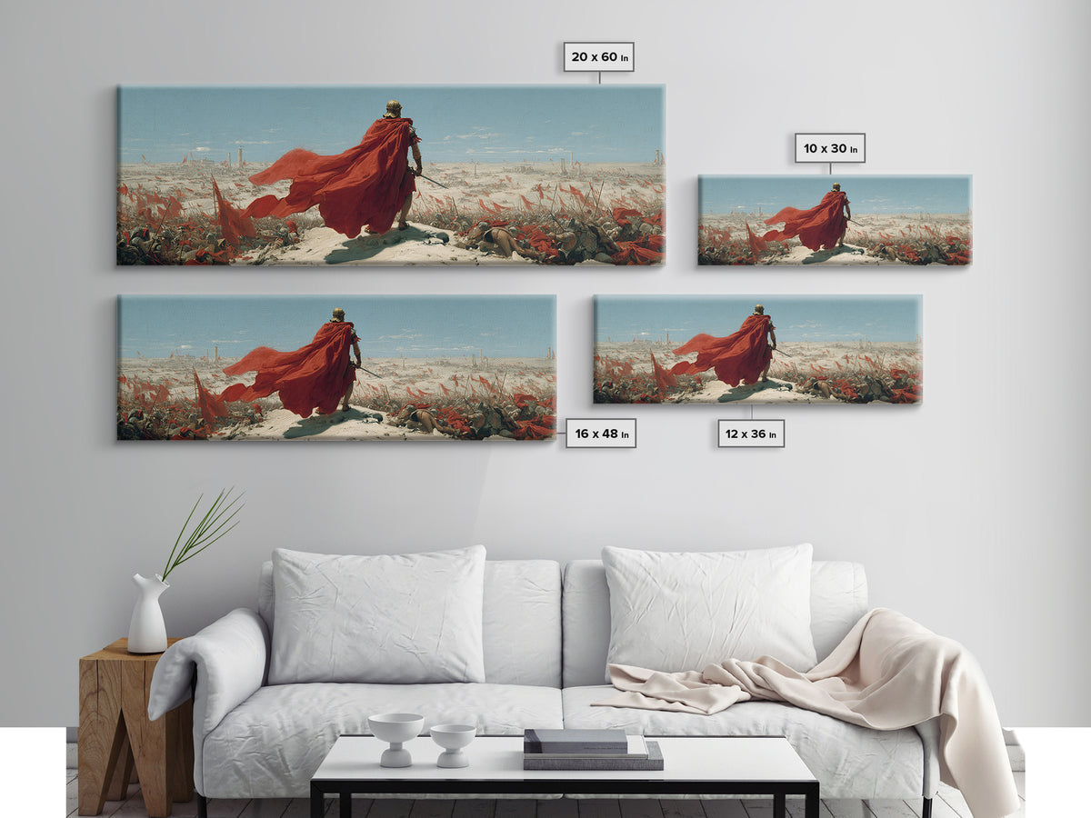 Red Cloaked Commander Over Snowy Battlefield Wall Art, Epic Fantasy Warrior, Historical Canvas Print, Statement Office Decor