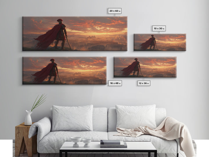 Roman General Over Sunset Empire Wall Art, Red Cape Warrior Landscape, Classical Fantasy Decor, Cinematic Large Canvas Print