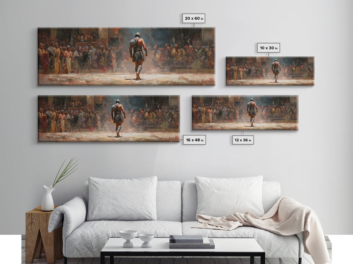 Lone Gladiator Arena Oil Painting Wall Art, Ancient Warrior Canvas, Roman Battle Decor, Dramatic Fantasy Print For Man Cave