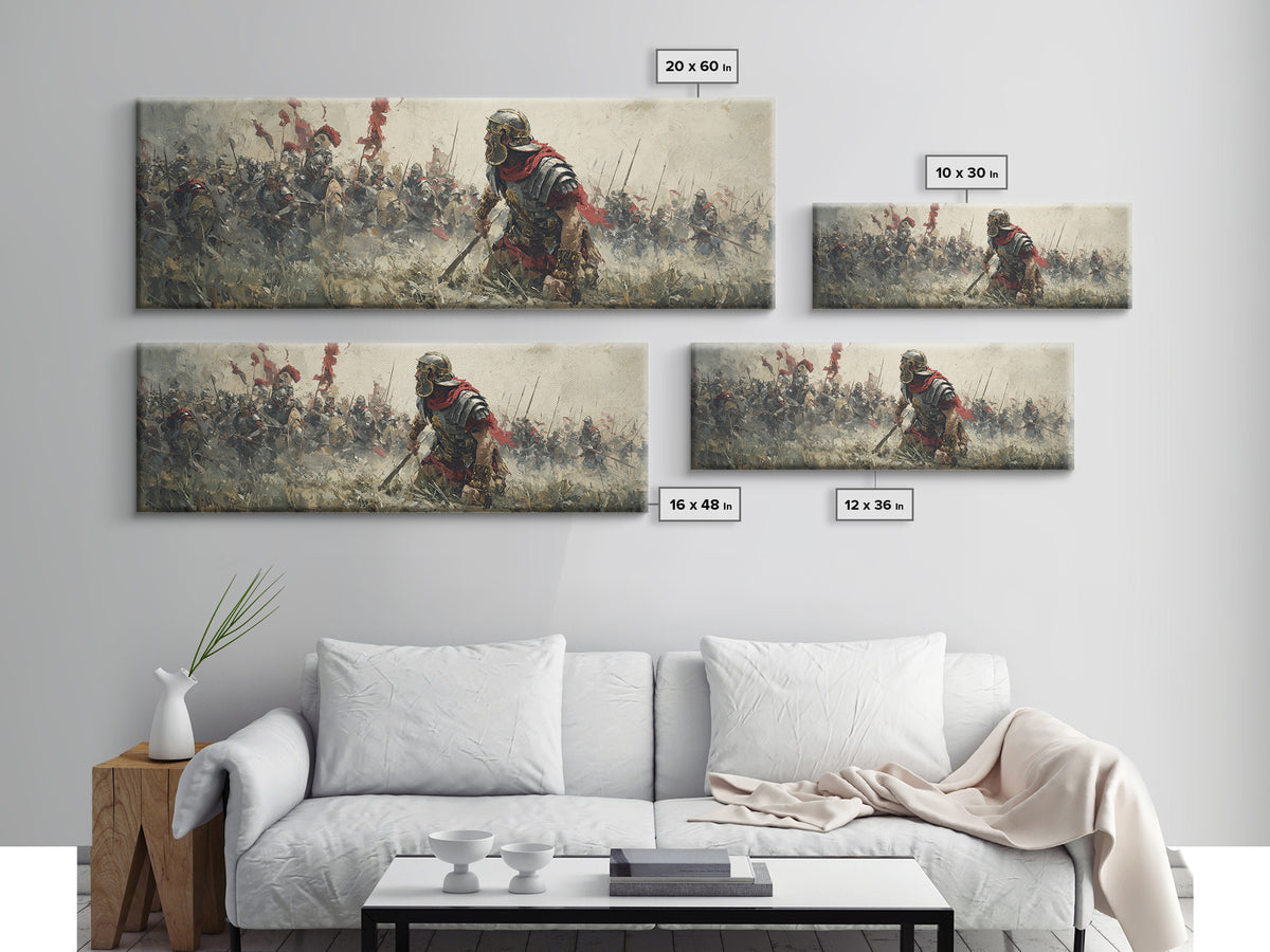 Ancient Warrior Leading Smoky Battlefield Wall Art, Panoramic Historical Battle Canvas, Masculine Office Decor Gift For Him