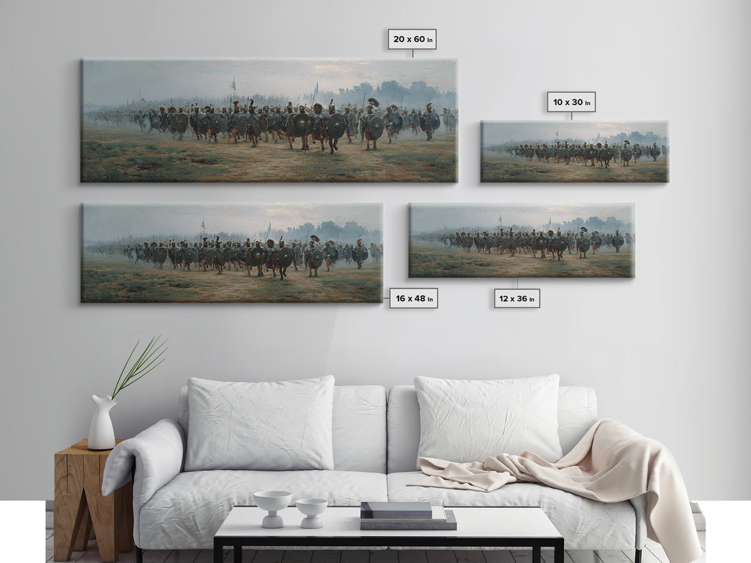 Misty Roman Army March Wall Art, Ancient Warrior Oil Painting Print, Panoramic History Decor, Large Living Room Art For Home Decor