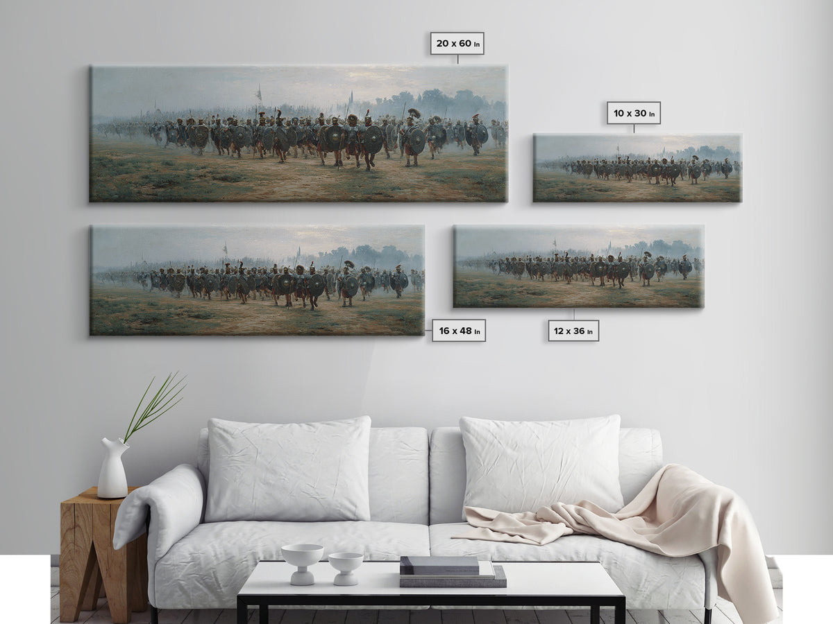 Misty Roman Army March Wall Art, Ancient Warrior Oil Painting Print, Panoramic History Decor, Large Living Room Art For Home Decor