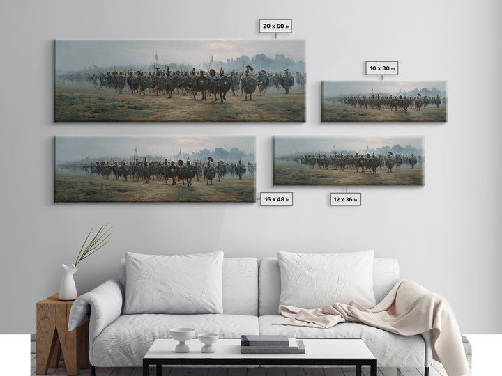 Misty Roman Army March Wall Art, Ancient Warrior Oil Painting Print, Panoramic History Decor, Large Living Room Art For Home Decor