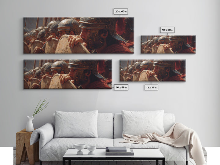 Roman Legion Shield Wall Art, Ancient Soldiers Framed Canvas Print, Historical Battle Decor For Masculine Office And Study