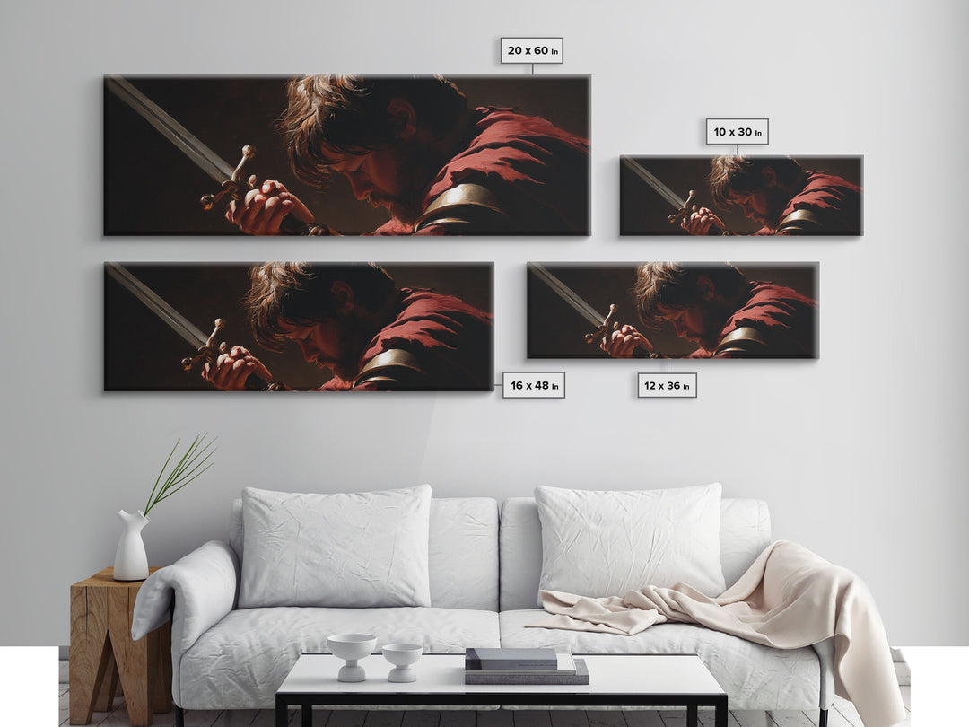 Brooding Warrior Holding Sword Wall Art, Dramatic Baroque Portrait Canvas Print, Masculine Gothic Office And Man Cave Decor