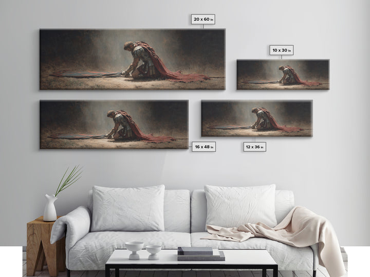 Fallen Roman Soldier With Red Cloak Framed Canvas Print, Classical Warrior Wall Art, Dark Academia Office Decor Gift For Him