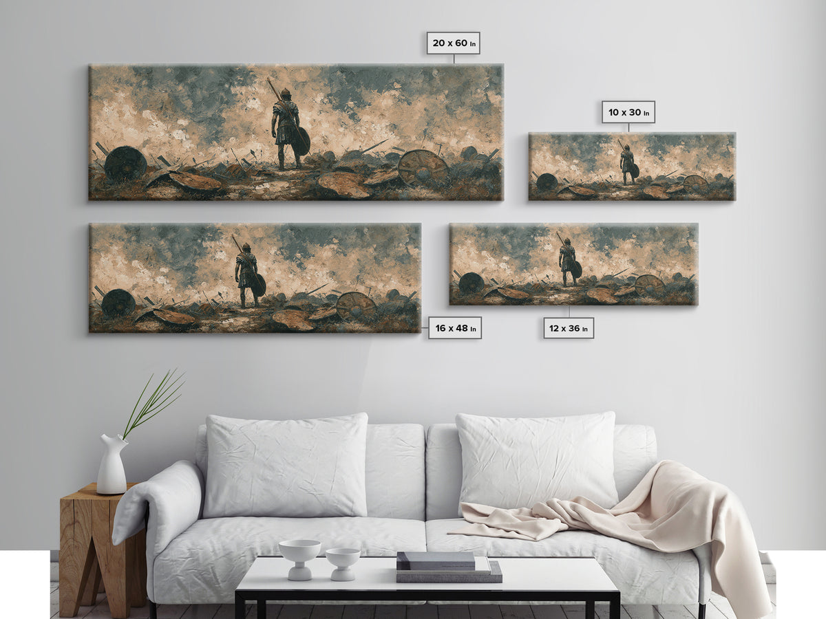 Solitary Warrior On Stormy Battlefield Canvas Print, Historical Wall Art, Moody Office Decor, Dark Academia Gift For Him