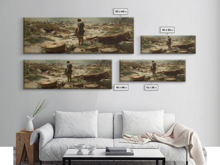 Lone Ancient Warrior Among Shields Wall Art, Roman Battlefield Canvas Print, Historical Decor, Classical Fine Art Prints