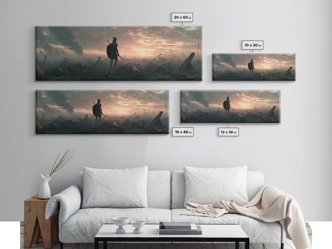 Lone Warrior On Smoky Battlefield Wall Art, Dark Fantasy Canvas, Epic Medieval Landscape, Dramatic Living Room Decor, Above Sofa Decor