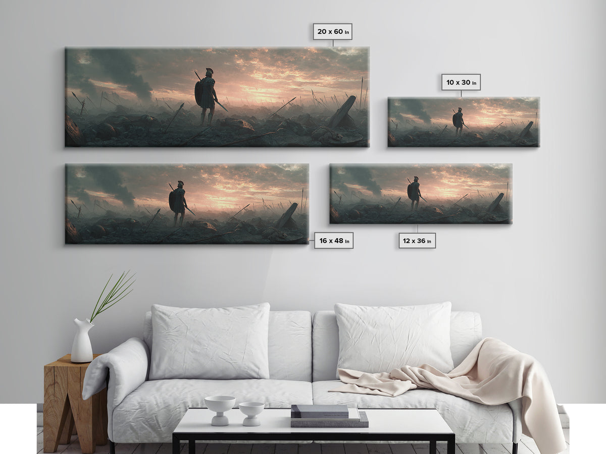 Lone Warrior On Smoky Battlefield Wall Art, Dark Fantasy Canvas, Epic Medieval Landscape, Dramatic Living Room Decor, Above Sofa Decor