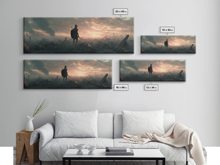 Lone Warrior On Smoky Battlefield Wall Art, Dark Fantasy Canvas, Epic Medieval Landscape, Dramatic Living Room Decor, Above Sofa Decor
