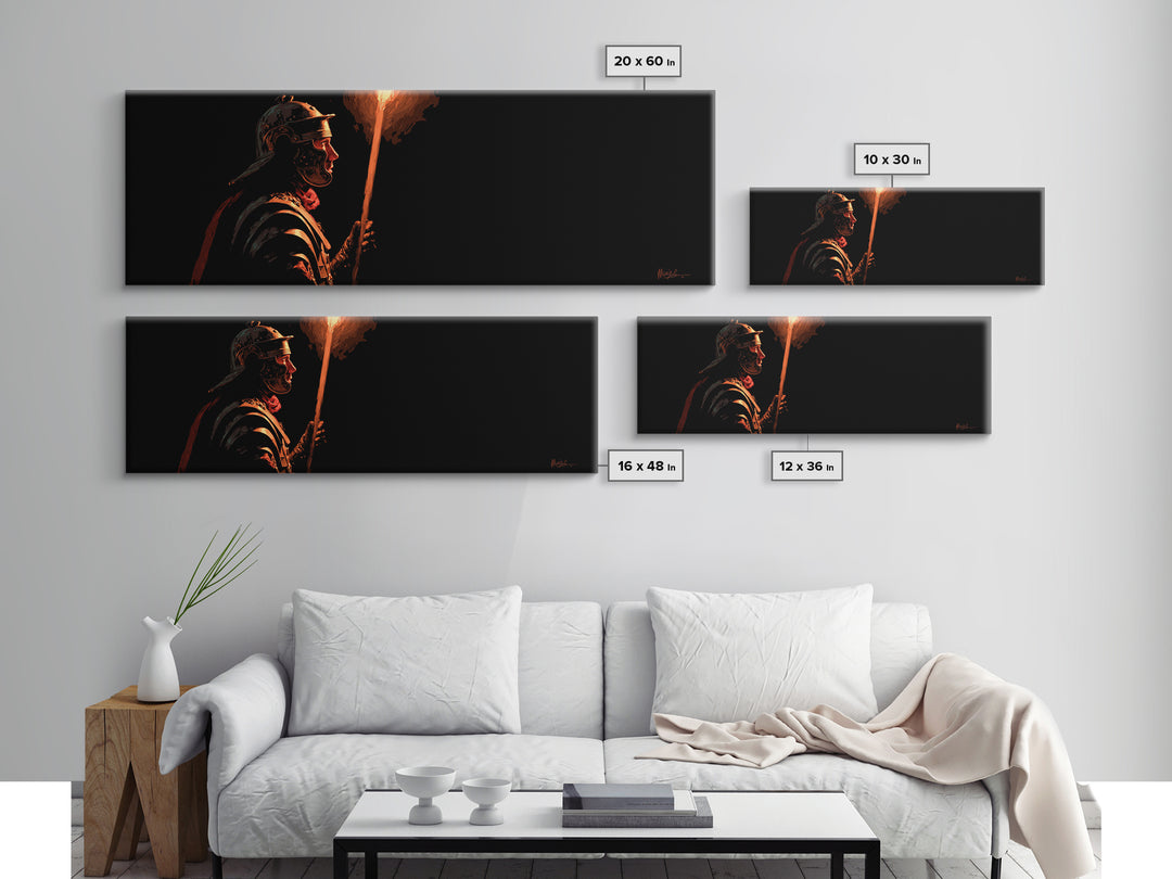 Roman Torch Bearer In Black Canvas Print, Ancient Warrior Wall Art, Dramatic Historical Decor, Masculine Man Cave Gift Print