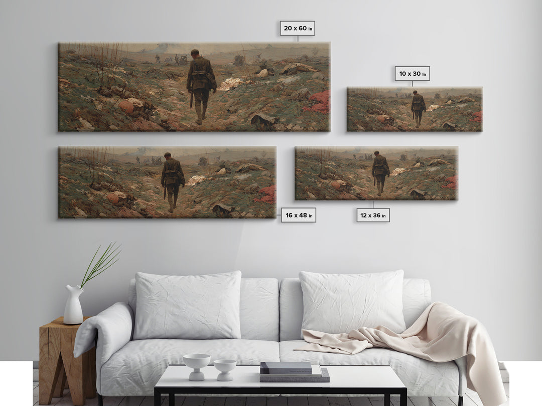 Somber Lone Soldier Battlefield Wall Art, Panoramic Framed Canvas Print, Historical Landscape Decor, Moody Office Wall Art