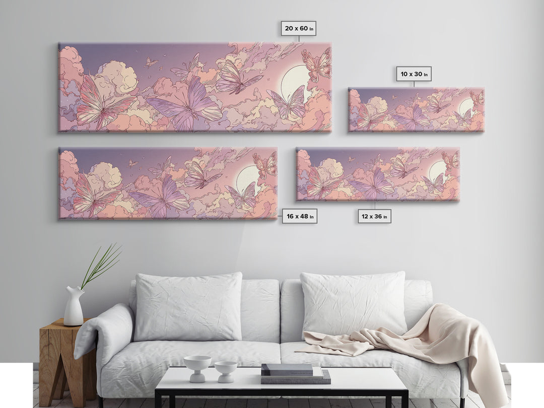 Pink Butterfly Cloudscape Wall Art, Whimsical Celestial Canvas Print, Pastel Nursery Decor, Magical Girls Room Artwork Gift