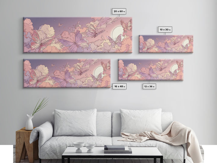 Pink Butterfly Cloudscape Wall Art, Whimsical Celestial Canvas Print, Pastel Nursery Decor, Magical Girls Room Artwork Gift