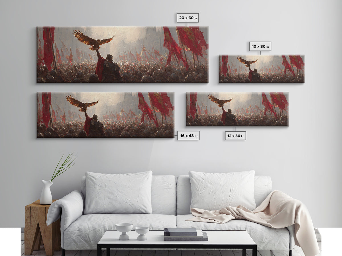 Warrior Raising Eagle Above Red Banners Framed Canvas Print, Epic Battlefield Wall Art, Historical Army Decor Gift For Him
