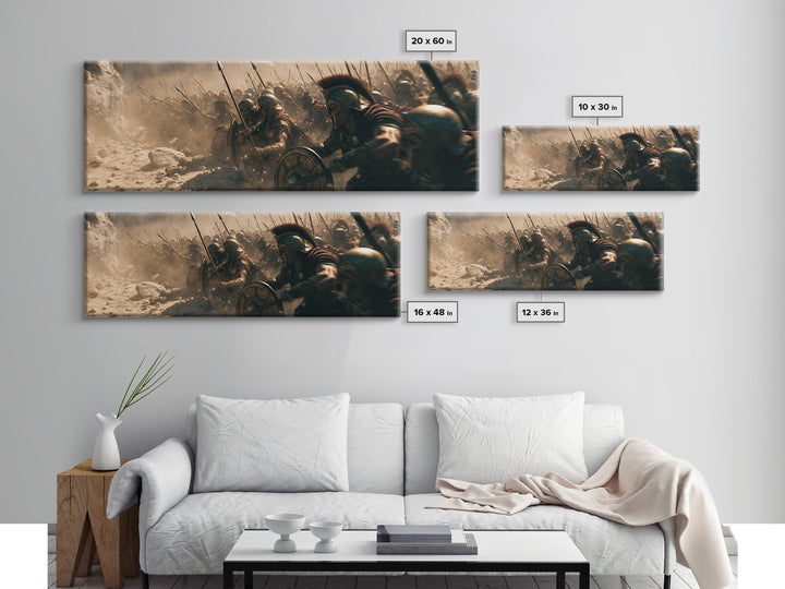 Spartan Phalanx Charging Through Dust Wall Art, Ancient Greek Battle Canvas, Historical Warrior Decor, Dramatic Man Cave Print