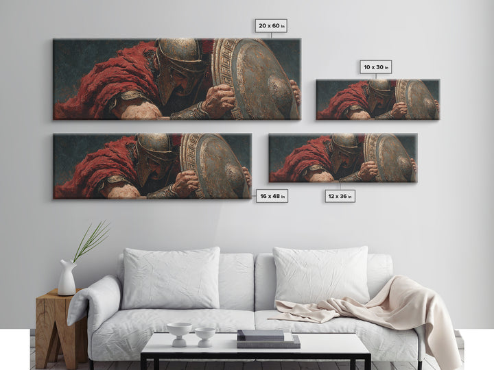 Spartan Warrior With Shield Wall Art, Greek Battle Canvas Print, Dark Masculine Historical Decor For Office And Living Room