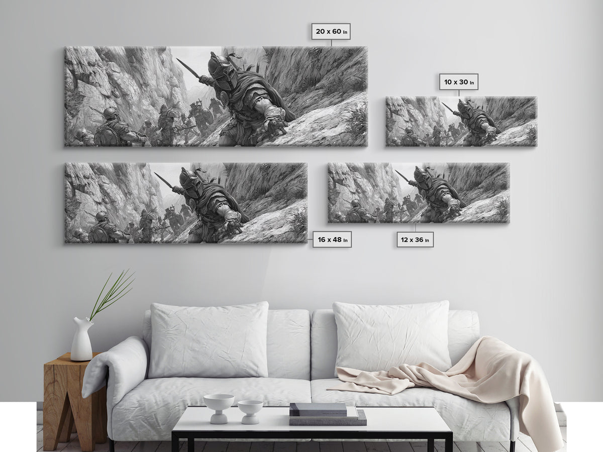 Black And White Canyon Ambush Wall Art, Medieval Warrior Canvas Print, Historic Battle Illustration, Masculine Decor, Office Wall Art