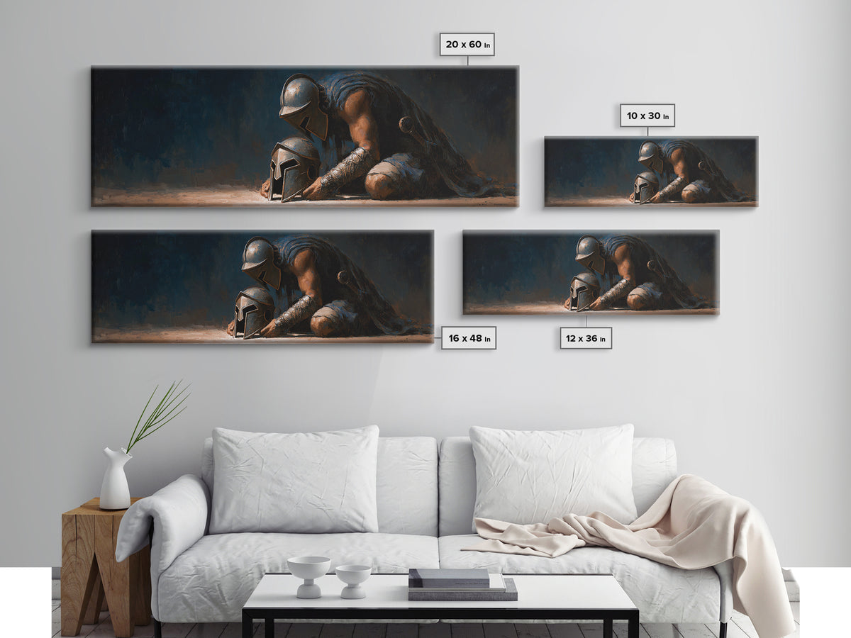 Kneeling Ancient Warrior With Battle Helmets Framed Canvas Print, Dark Fantasy Wall Art For Man Cave Office Decor, Gift For Him