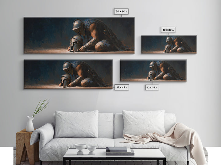 Kneeling Ancient Warrior With Battle Helmets Framed Canvas Print, Dark Fantasy Wall Art For Man Cave Office Decor, Gift For Him