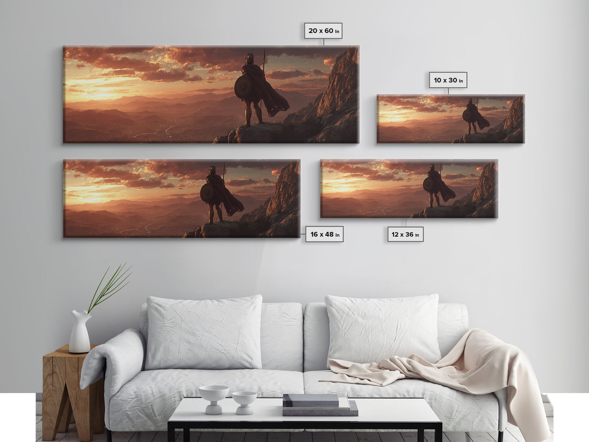 Lone Warrior Over Mountain Valley Sunset Wall Art, Epic Fantasy Landscape, Medieval Adventure Decor, Panoramic Canvas Print