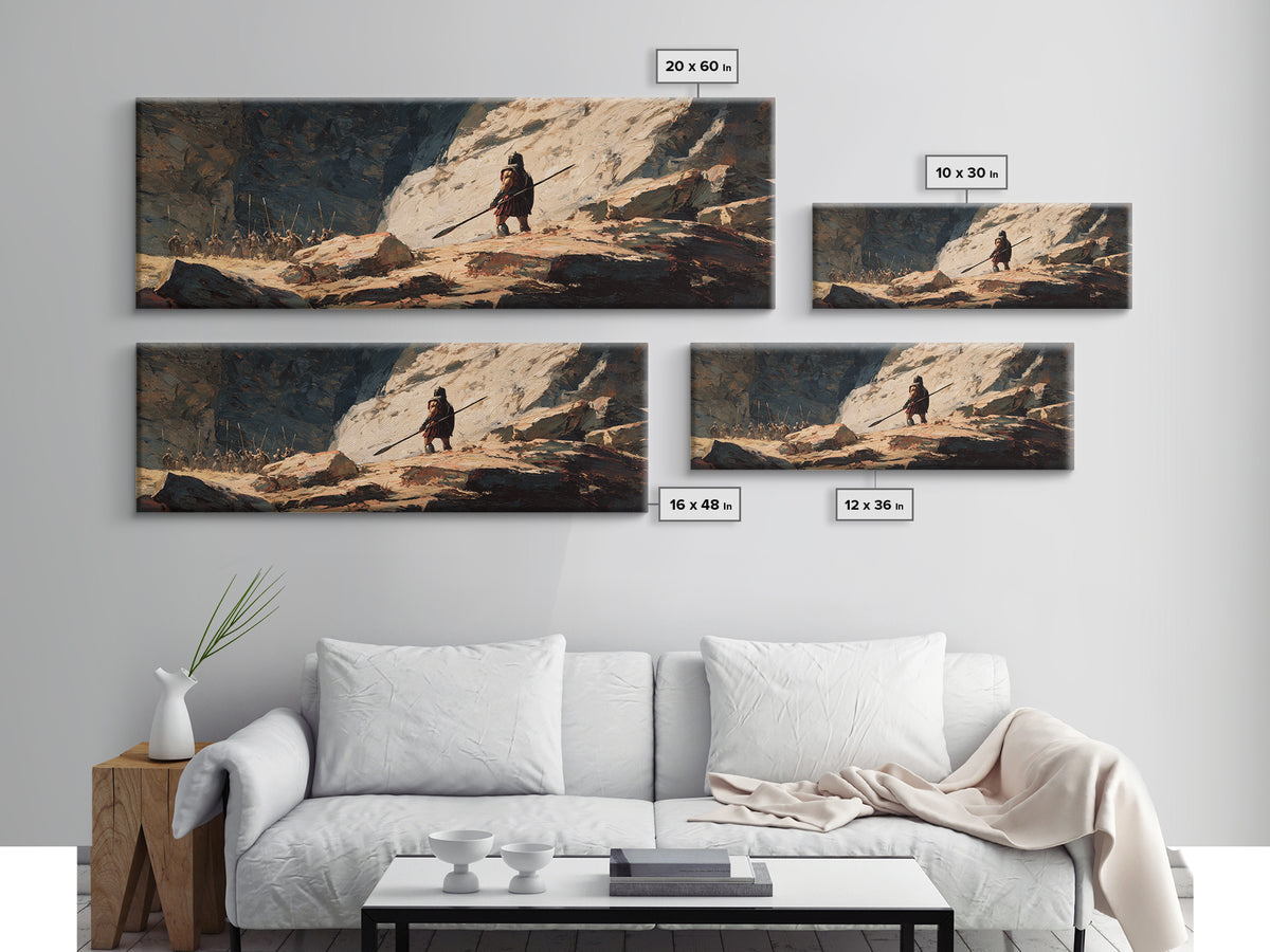 Lone Warrior In Snowy Mountain Pass Canvas Print, Ancient Battle Landscape, Fantasy Wall Art, Rustic Masculine Decor, Large Horizontal Art