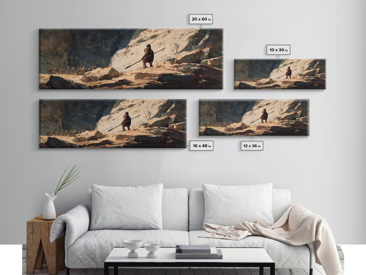 Lone Warrior In Snowy Mountain Pass Canvas Print, Ancient Battle Landscape, Fantasy Wall Art, Rustic Masculine Decor, Large Horizontal Art