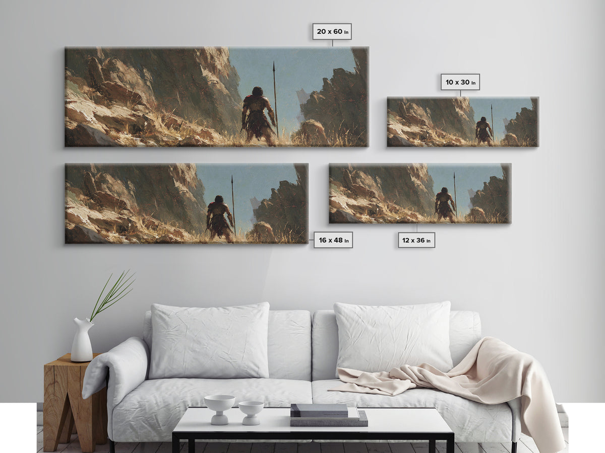 Warrior Crossing Rocky Canyon Wall Art, Ancient Fantasy Landscape Canvas Print, Desert Adventure Decor, Masculine Gift For Him