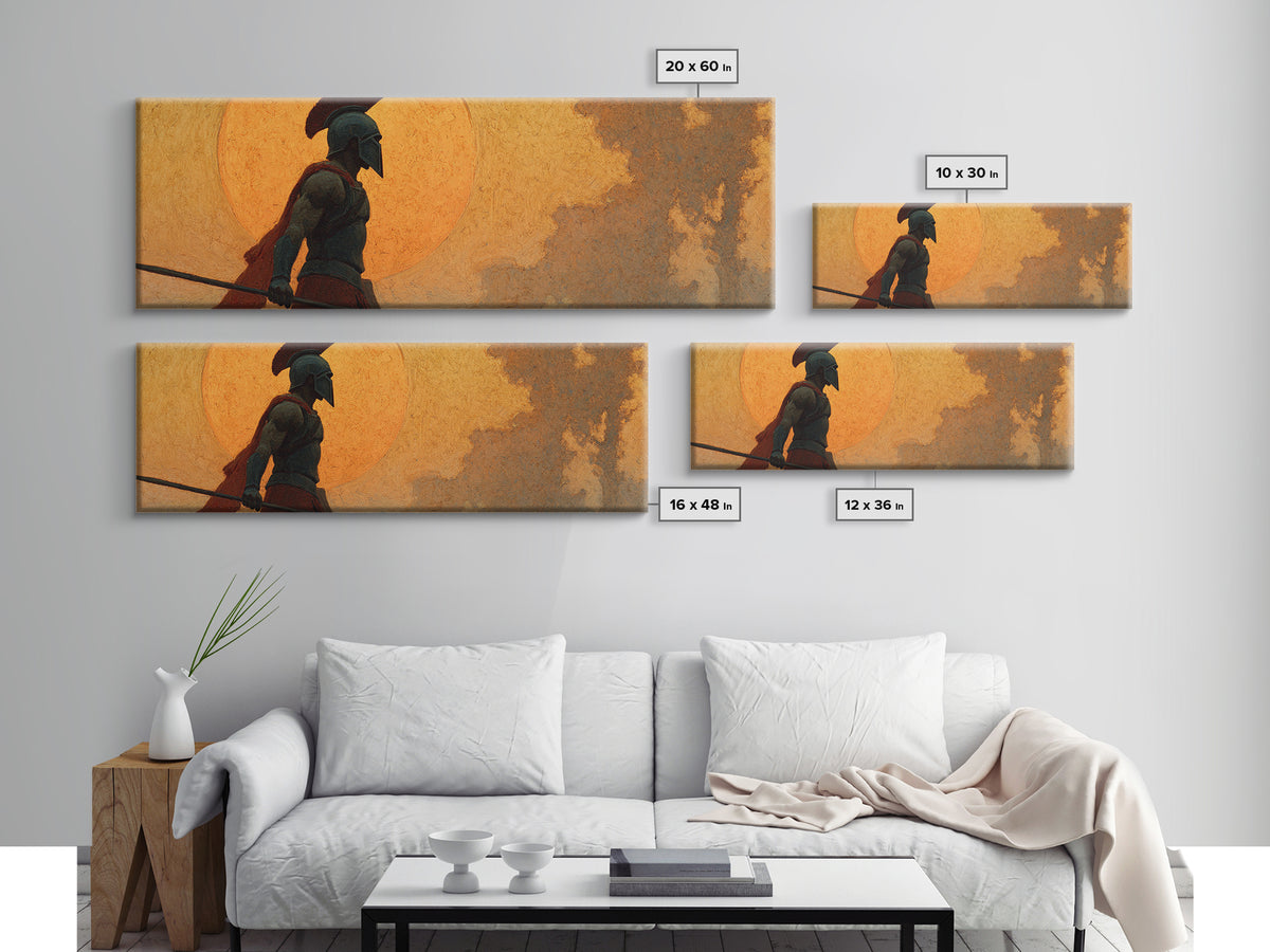 Ancient Greek Warrior Silhouette Wall Art, Spartan Spear Canvas Print, Mythology Decor, Masculine Office Art, Gift For Him