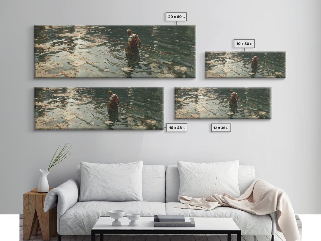 Armored Warrior Wading Through Reflective Water Wall Art, Ancient Spear Soldier, Moody Seascape Decor, Canvas Print Gift