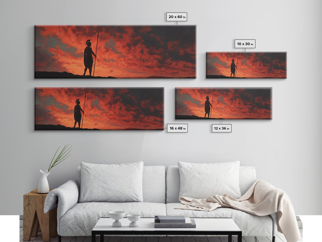 Spartan Warrior Silhouette At Red Sunset Wall Art, Greek Historical Canvas Print, Dramatic Masculine Living Room Decor Gift