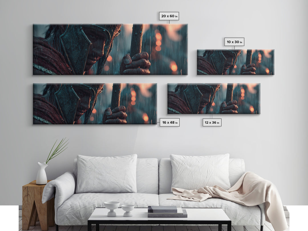 Rain Soaked Armored Warrior Portrait Wall Art, Cinematic Fantasy Canvas Print, Dark Battle Decor, Masculine Office Poster