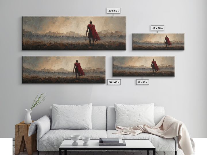 Roman Warrior In Red Cape Over Ancient City Canvas Print, Classical Wall Art, Masculine Office Decor, Historical Gift For Him