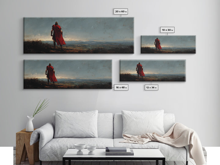 Lone Warrior In Red Cloak Wall Art, Epic Fantasy Landscape Canvas Print, Moody Medieval Decor, Statement Artwork, Gift For Him