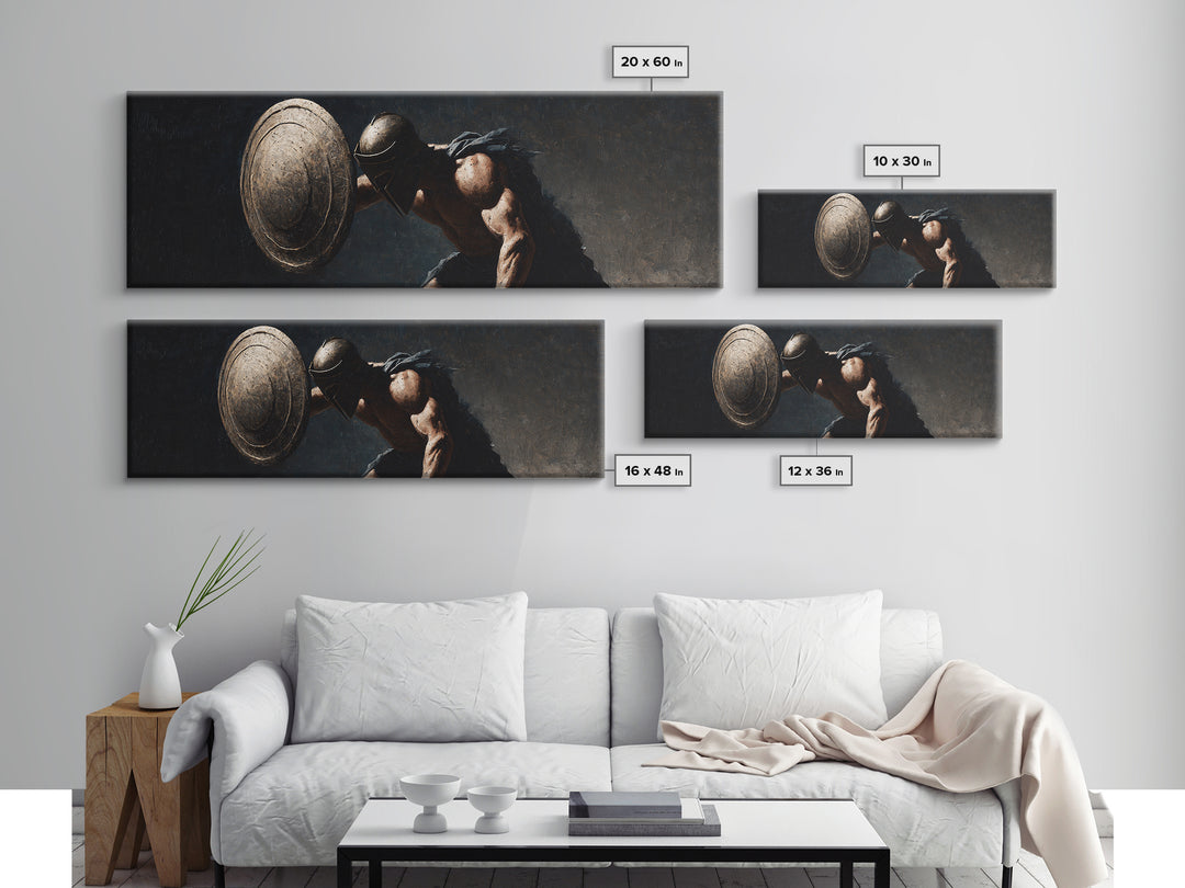 Ancient Hoplite With Round Shield Canvas Print, Greek Warrior Wall Art, Masculine Office Decor, Dark Historical Artwork Gift
