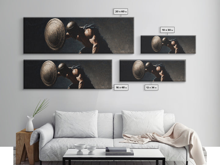 Ancient Hoplite With Round Shield Canvas Print, Greek Warrior Wall Art, Masculine Office Decor, Dark Historical Artwork Gift