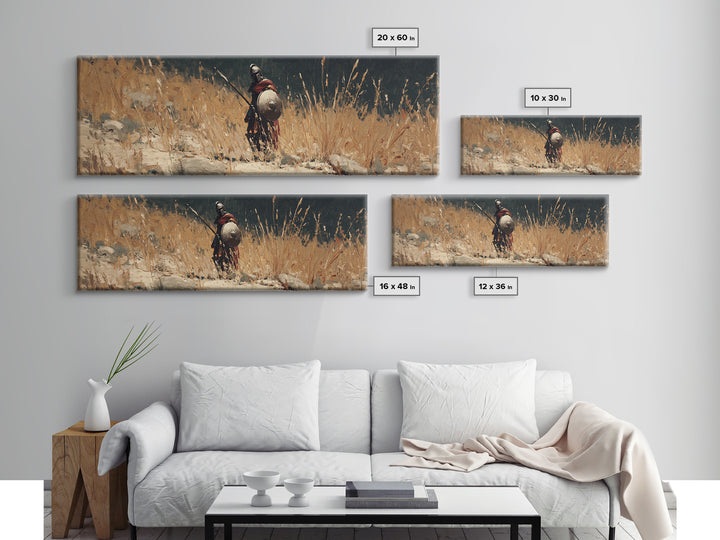 Lone Ancient Warrior In Golden Grass Framed Canvas Print, Historical Wall Art, Rustic Home Decor, Masculine Office Decor