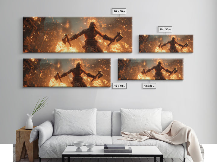 Viking Berserker With Twin Axes Wall Art, Burning Village Battle Scene, Norse Warrior Decor, Dark Fantasy Canvas Print, Large Art