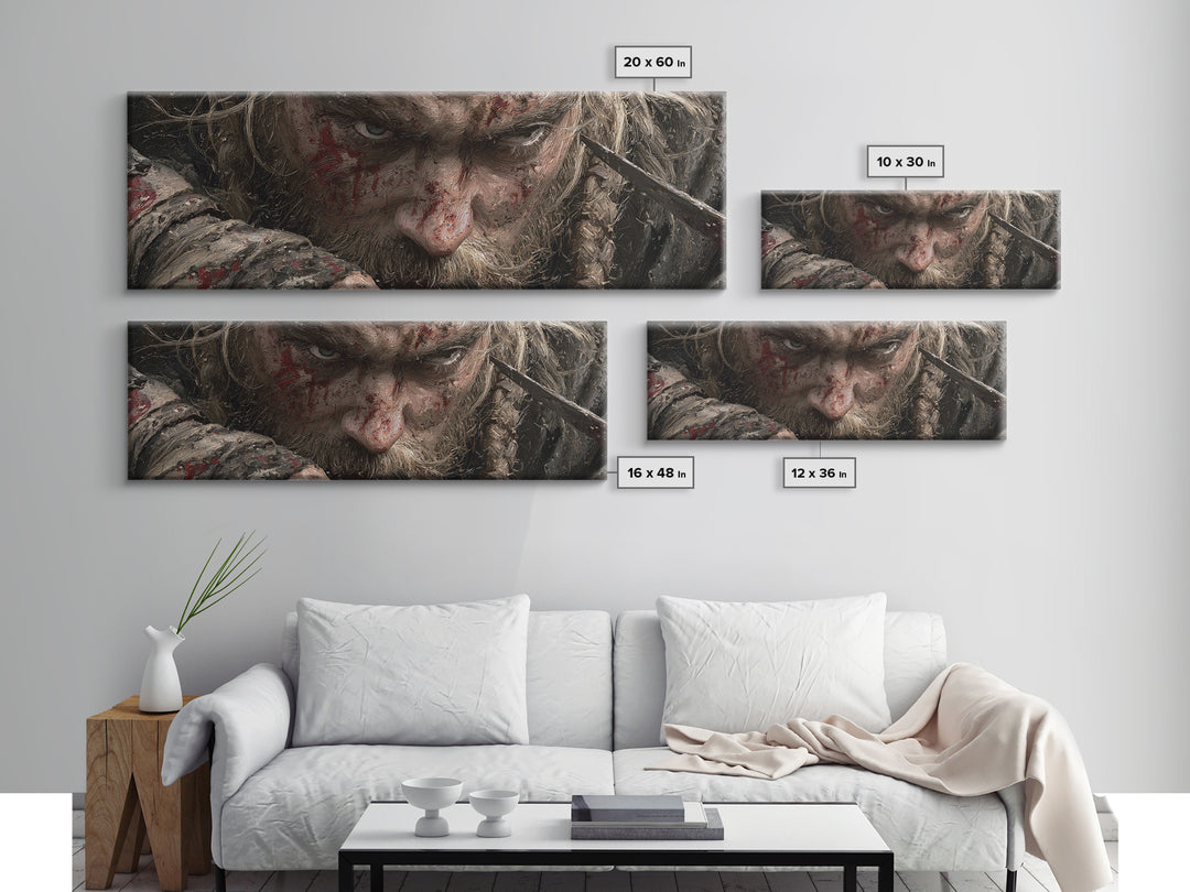 Bloodied Viking Warrior Close Up Framed Canvas Print, Dark Fantasy Portrait, Norse Wall Art, Masculine Man Cave Decor, Gift For Him