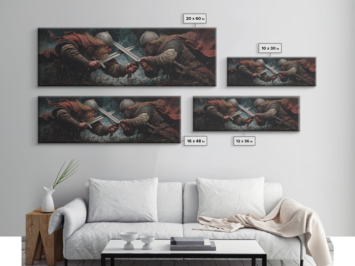 Viking Duel With Crossed Swords Framed Canvas Print, Dark Fantasy Wall Art, Medieval Warrior Decor, Man Cave Art, Gift For Him